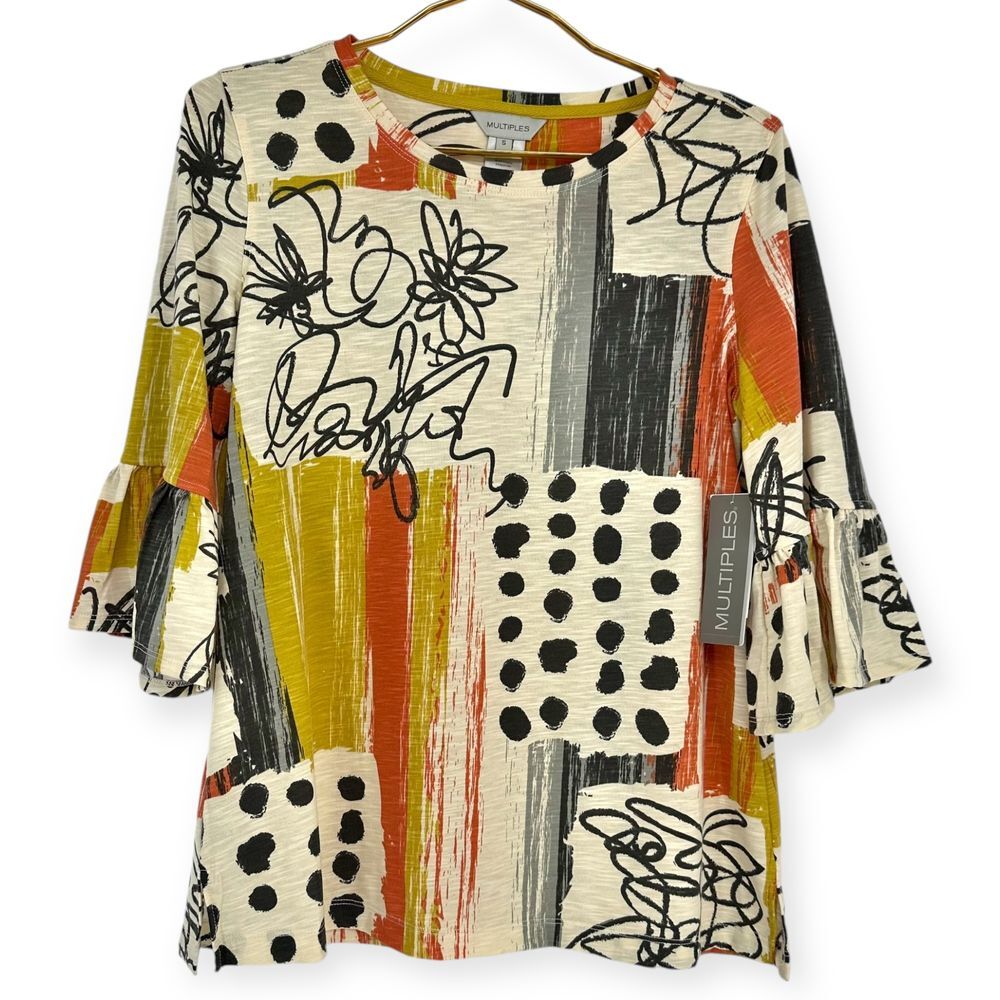Multiples NWT Abstract Artistic Print Bell Sleeve Blouse Geometric Pattern SZ‎ S